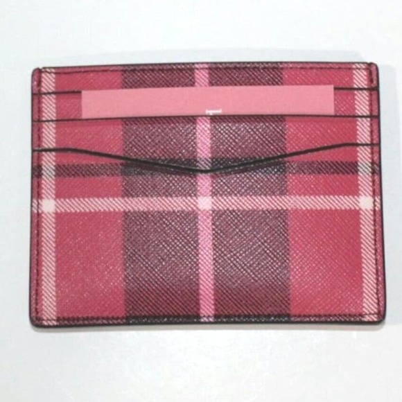 KATE SPADE PLAID SLIM CARD HOLDER CASE "STACI" BRIGHT ROSE RED & BLACK NEW! - Picture 2 of 3